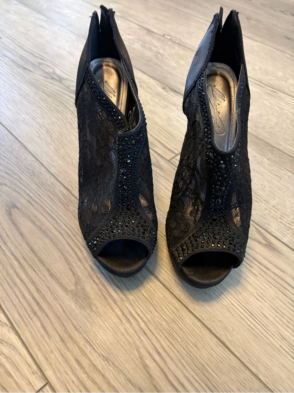 Black Lace Peep-Toe Heels with Crystal Accent